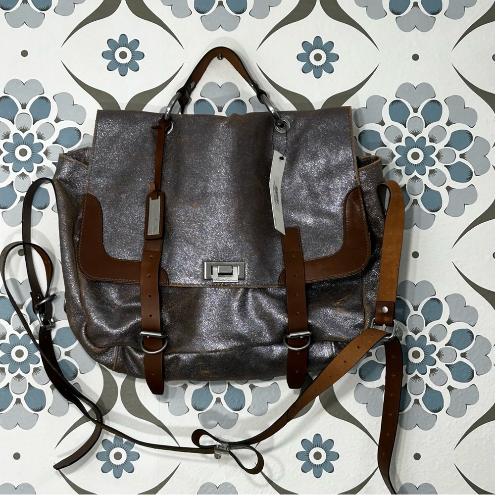 Kenneth Cole Hudson Messenger Bag Leather Brown Sparkle Crossbody NEW With Tags